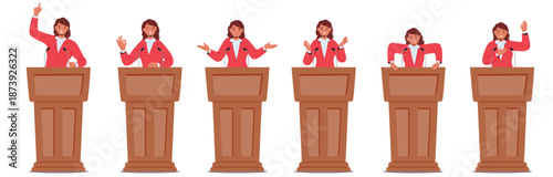 Female politician cartoon character with different emotions giving speech on tribune isolated set