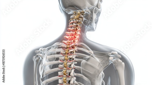 Close-up 3D rendering of a human cervical spine with highlighted pain points
