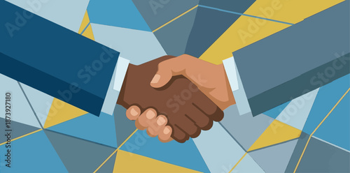 Diverse business handshake illustration symbolizing global partnership and agreement, interracial hands shaking on abstract geometric background for corporate deal, teamwork and unity.