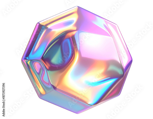 Rendered, iridescent, multi-faceted gem with shifting, rainbow colors