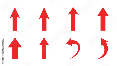 Collection of red arrows pointing upwards and curved directional symbols