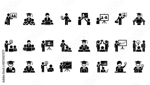 Collection of diverse black and white pictogram icons illustrating various concepts related to teaching business training graduation and professional learning activities