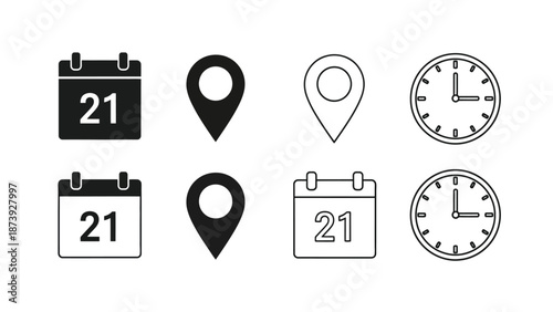 Simple black icons depicting calendar location and clock elements in a row