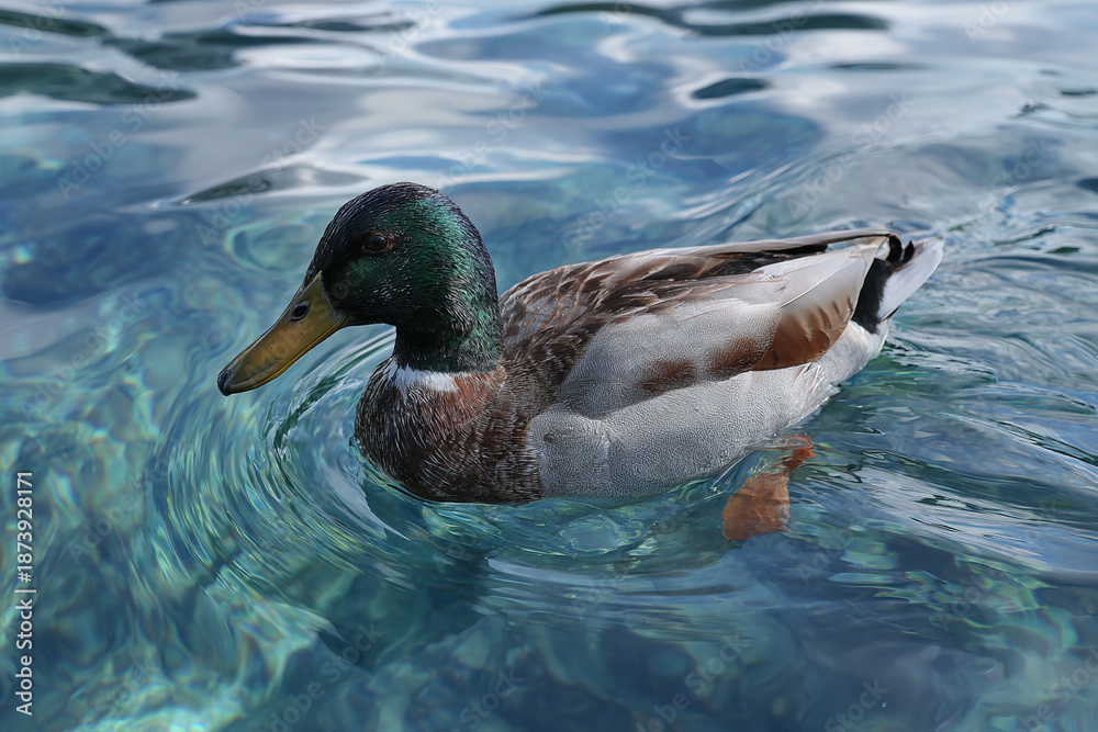 Obraz premium Male Mallard Duck Swimming in Clear Blue Water