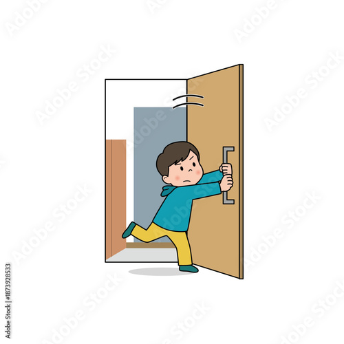 地震発生時にドアを開けて出口を確保する男の子のイラスト