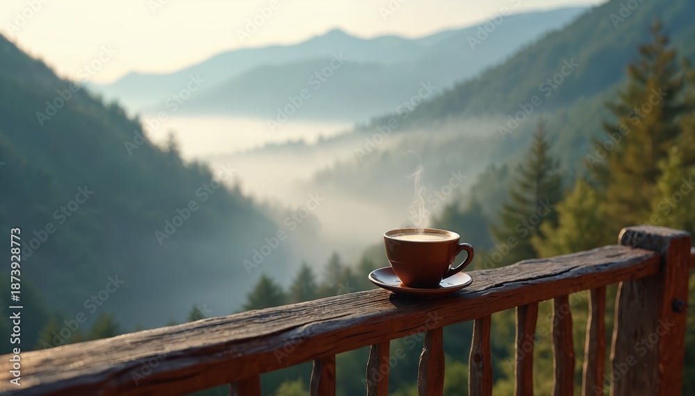 Fototapeta premium Hot coffee steams on wooden balcony rail in misty mountain valley. Fog covers green hills with trees at horizon. Scenic landscape view for travel and relaxation concept photo.