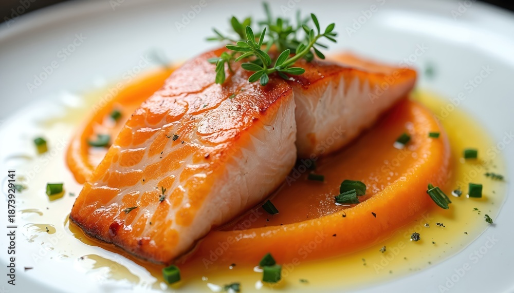 Obraz premium Seared salmon fillet served atop vibrant orange puree. Fresh herbs garnish dish. This photo showcases culinary elegance on white plate. Image provides inspiration for healthy eating and fine dining.