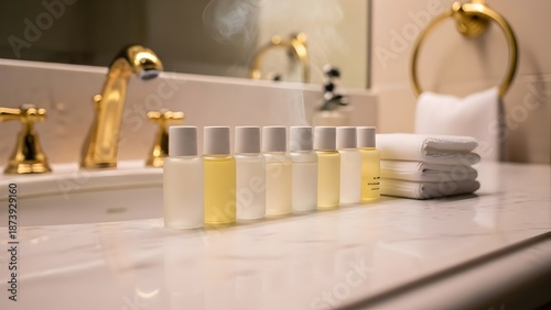 cosmetics luxury hotel amenities marble bathroom counter gold fixtures steam white gradient hospitality