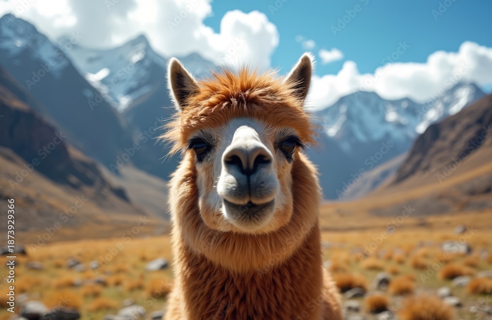 Fototapeta premium Close up portrait of a fluffy brown llama looking directly at camera with mountains and blue sky in background. Llama stands on dry grassy field with rocks. Calm animal gaze.