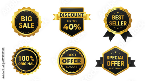 Set of Sale badges, luxury gold discount label, best seller, special offer, price tag stickers collection, emblem template designs for marketing and shopping