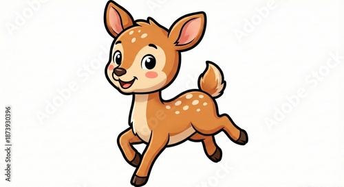 A charming illustration of a joyful fawn, captured in a delightful cartoon style, with big eyes and a friendly demeanor.