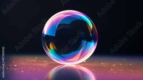 Single soap bubble with vibrant, psychedelic neon colors landing on a reflective surface and popping