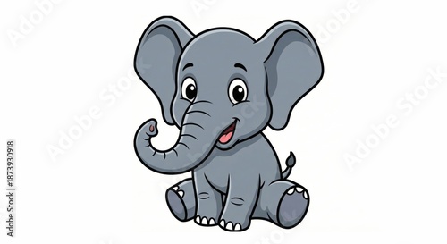 A cute cartoon elephant, its trunk raised in a playful gesture, sitting gracefully, inviting viewers to share in its joyful spirit.