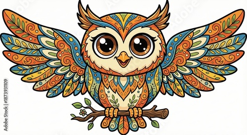 A vibrant, intricately designed owl, rendered in a striking illustration, perched on a branch with its wings spread wide, showcasing an exquisite display of artistry and charm.