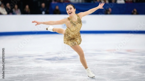 Single figure skater executing spiral position in competition. Concept of technical elements, artistic expression, athletic flexibility, and professional ice skating performance.