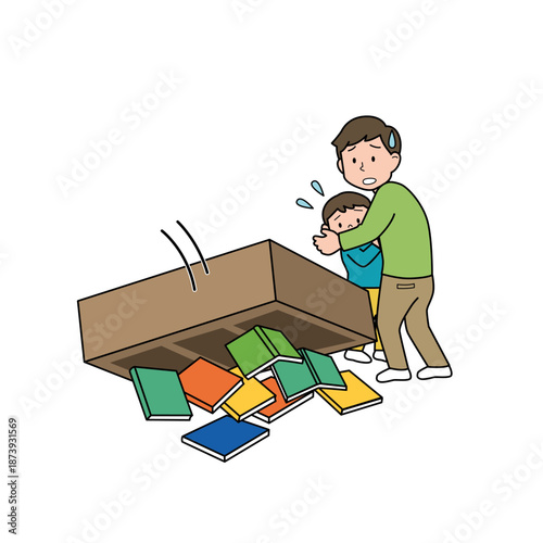 地震発生時に倒れた家具から離れる親子のイラスト