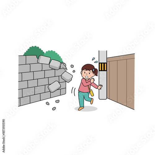 地震発生時にブロック塀から離れる女の子のイラスト