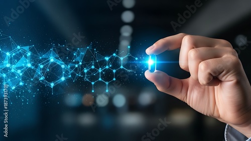 A hand holds a capsule surrounded by digital connections and patterns