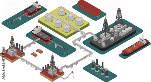 Isometric oil and gas industry infrastructure illustration showing offshore platforms pipelines storage tanks refineries ships energy production network global logistics