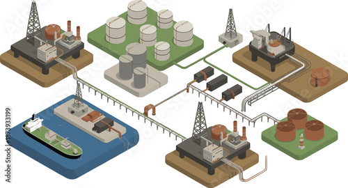 Isometric oil and gas industry infrastructure illustration showing offshore platforms pipelines storage tanks refineries ships energy production network global logistics