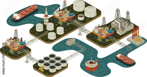 Isometric oil and gas industry infrastructure illustration showing offshore platforms pipelines storage tanks refineries ships energy production network global logistics