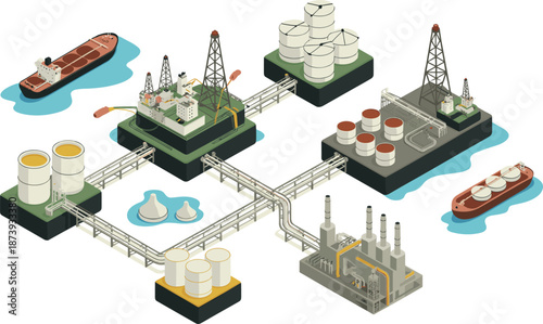 Isometric oil and gas industry infrastructure illustration showing offshore platforms pipelines storage tanks refineries ships energy production network global logistics