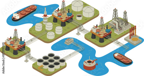 Isometric oil and gas industry infrastructure illustration showing offshore platforms pipelines storage tanks refineries ships energy production network global logistics