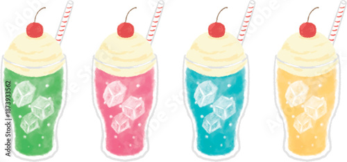 水彩風のクリームソーダのイラストセット