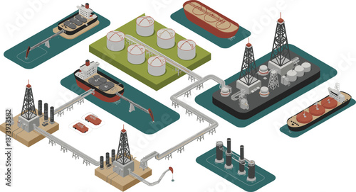 Isometric oil and gas industry infrastructure illustration showing offshore platforms pipelines storage tanks refineries ships energy production network global logistics