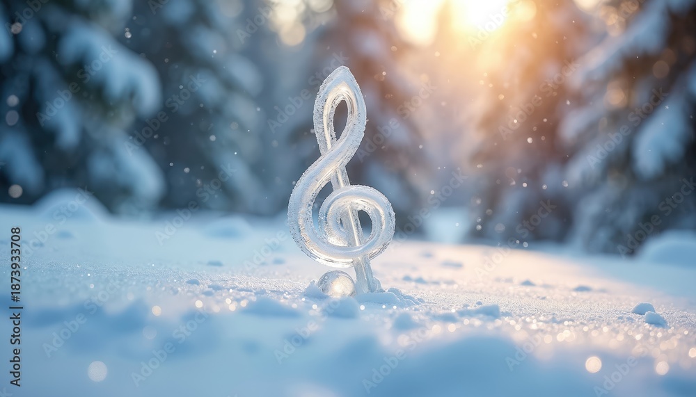 Fototapeta premium Icy treble clef sculpture stands in winter forest. Frozen music symbol shines in snowy landscape. Crystal musical note decorates woodland in cold winter season. Winter holidays celebration with