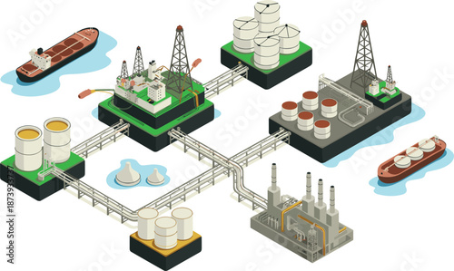 Isometric oil and gas industry infrastructure illustration showing offshore platforms pipelines storage tanks refineries ships energy production network global logistics