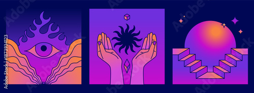 Vector abstract print design templates and covers in minimal and gradient style, magical and mystical symbols, entrances, doors and windows with steps and staircases