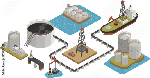 Isometric oil and gas industry infrastructure illustration, refinery pipelines storage tanks offshore platform tanker ship energy production industrial petroleum process