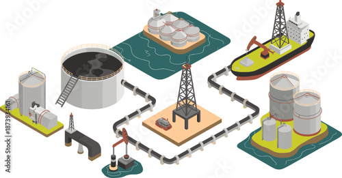 Isometric oil and gas industry infrastructure illustration, refinery pipelines storage tanks offshore platform tanker ship energy production industrial petroleum process
