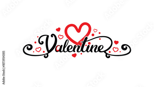 Valentine's day greeting with red heart and decorative text on white background for love and romance