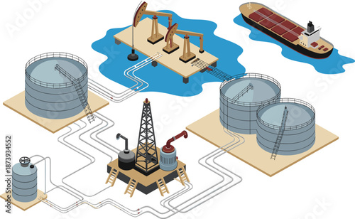 Isometric oil and gas infrastructure illustration featuring drilling rig storage tanks pipelines tanker ships petroleum processing industrial energy system