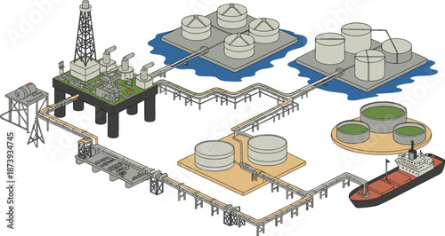 Isometric oil and gas infrastructure illustration featuring drilling rig storage tanks pipelines tanker ships petroleum processing industrial energy system