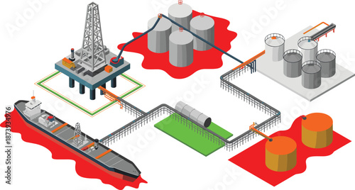 Isometric oil and gas infrastructure illustration featuring drilling rig storage tanks pipelines tanker ships petroleum processing industrial energy system