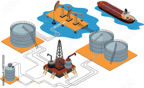 Isometric oil and gas infrastructure illustration featuring drilling rig storage tanks pipelines tanker ships petroleum processing industrial energy system