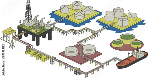Isometric oil and gas infrastructure illustration featuring drilling rig storage tanks pipelines tanker ships petroleum processing industrial energy system