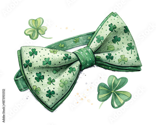 Watercolor Green Bow Tie Illustration, Irish St. Patrick’s Day Party Clipart Isolated on White Background