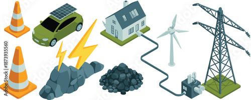 Isometric renewable energy illustration, solar car, wind turbine, power grid, coal, lightning, eco house, sustainable electricity concept, for modern infrastructure