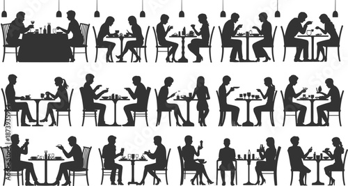People dining silhouettes, restaurant conversation scenes, couples and friends eating, social interaction concept, cafe lifestyle illustration, minimal black vector