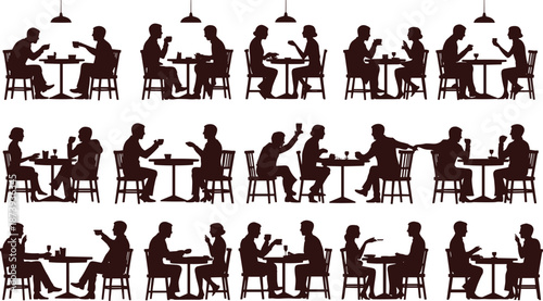 People dining silhouettes, restaurant conversation scenes, couples and friends eating, social interaction concept, cafe lifestyle illustration, minimal black vector
