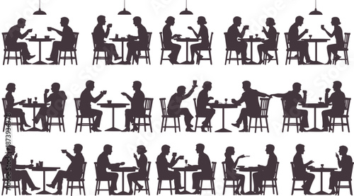 People dining silhouettes, restaurant conversation scenes, couples and friends eating, social interaction concept, cafe lifestyle illustration, minimal black vector