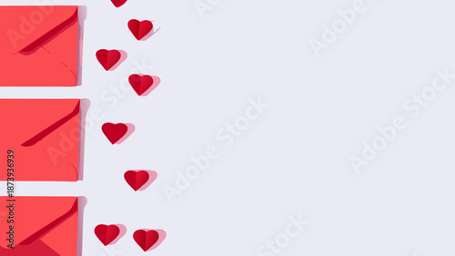 Valentine's day flat lay vector background with red envelopes and hearts on light purple background for love with romance