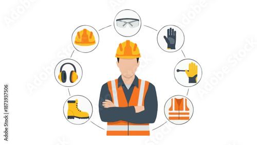 Flat vector illustration of an industrial construction worker wearing safety helmet and reflective vest