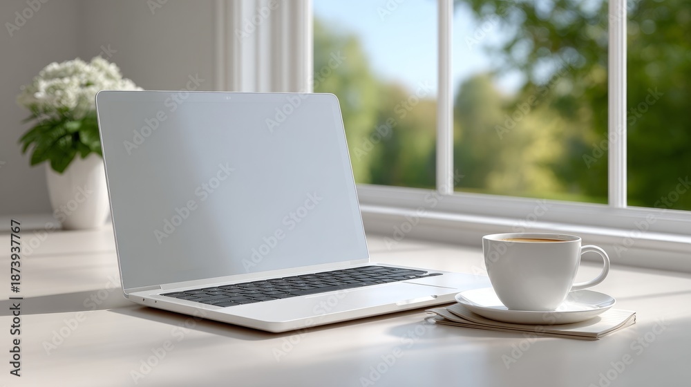 Fototapeta premium Modern Workspace with Laptop and Coffee Cup Bathed in Natural Light
