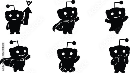 Black Reddit mascot icon set featuring creative variations with superhero capes, upvote arrows, waving poses, and abstract circular head silhouettes