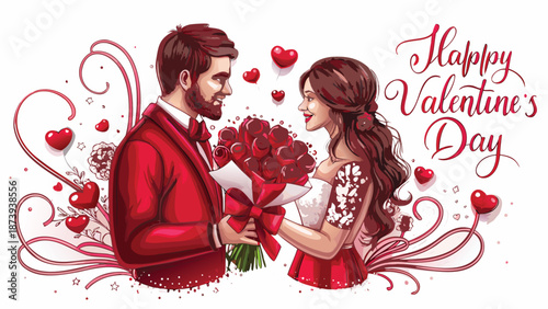 Romantic couple celebrating Valentine's Day with flowers and hearts